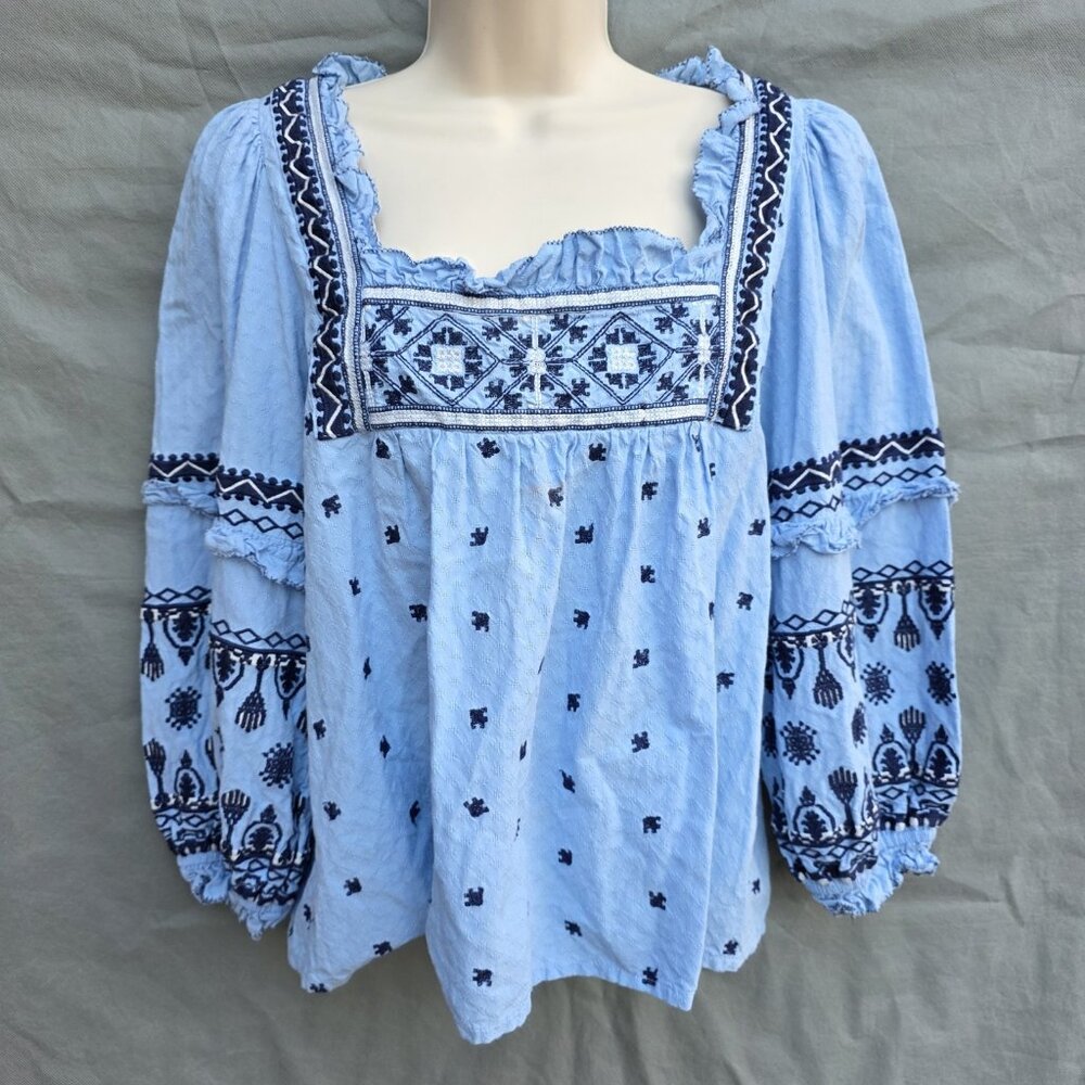 Anthropologie Seen Worn Kept Mary Blue Blouse Shirt Embroidered Ballon Sleeves 6